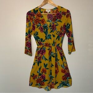 Everly Dress Faux Wrap Mustard Yellow Floral Size Small